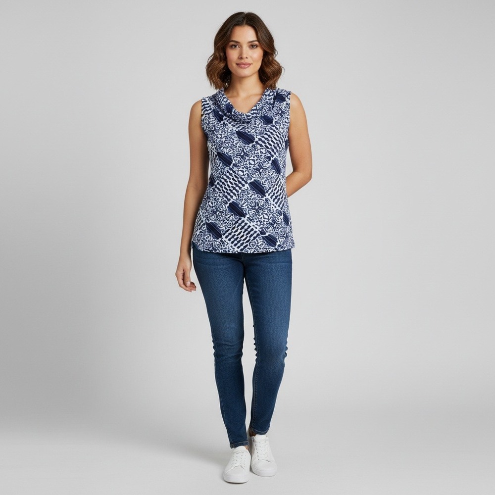 Rafaella Petite PM Blue White Geometric Print Sleeveless Top Excellent